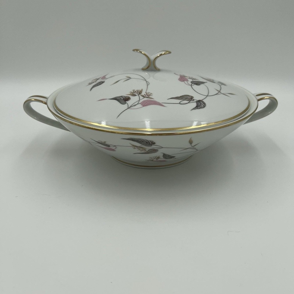 Noritake Arden 5603 Covered Vegetable Bowl Round Pink Grey Leaf Gold Trim Japan